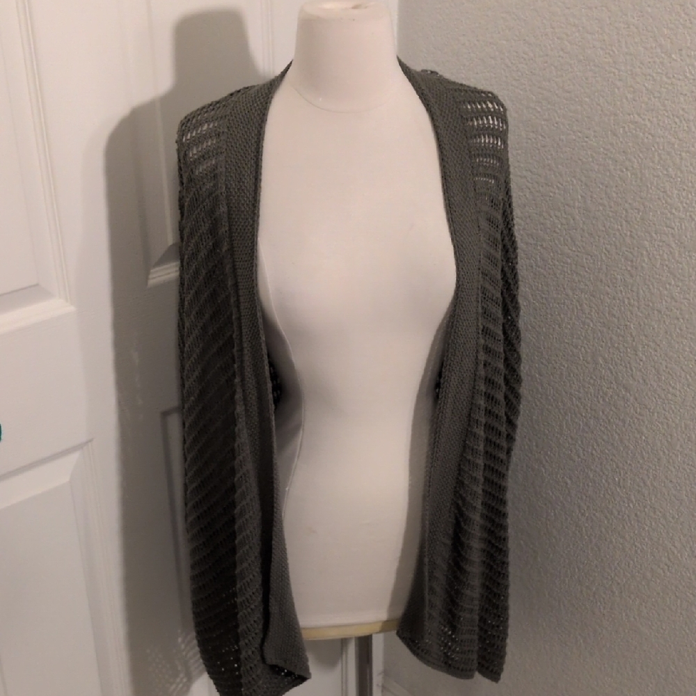 ✅Max Studio Olive Army Green Open Knit Cardigan Kimono Crochet Duster Medium